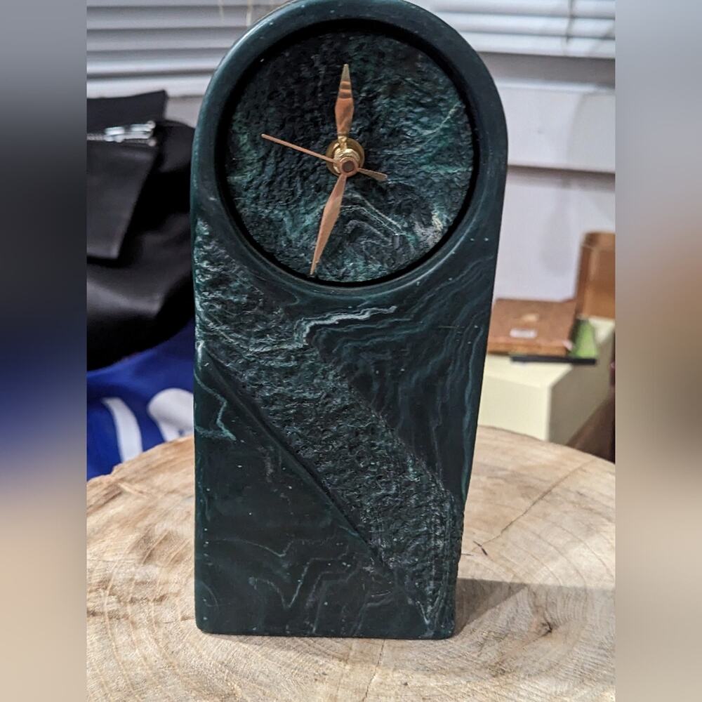 90s Artist Signed Resin Faux Green Marble Table Clock